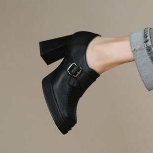 2025年秋季新款头层牛皮超高跟粗跟方编织皮带扣一脚蹬深口单鞋女