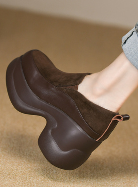 复古松糕厚底深口单鞋女粗跟秋季拼接真皮一脚蹬防水台高跟鞋9cm