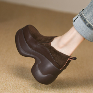 9cm 拼接真皮一脚蹬防水台高跟鞋 复古松糕厚底深口单鞋 女粗跟秋季