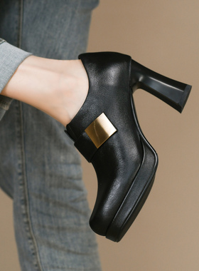 法式黑色圆头高跟鞋女秋季新款真牛皮侧拉链金属扣深口粗跟单鞋女