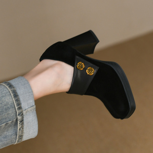 饰拉链深口单鞋 方头粗跟超高跟羊猄皮皮带金属装 女 新款 2025年秋季