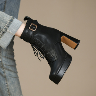 冬季头层牛皮超高跟粗跟厚底方头皮带扣装饰前系带侧拉链马丁靴女