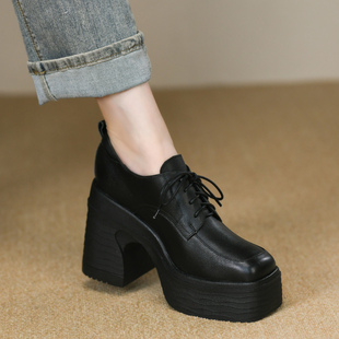 黑色方头深口粗跟单鞋女秋季新款头层牛皮防水台系带高跟鞋女11cm