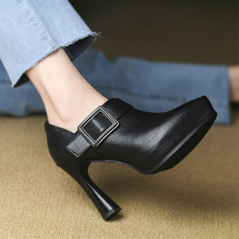 优雅尖头深口单鞋女春款女鞋真皮皮带扣拉链黑色高跟细女细跟10cm,女鞋,深口单鞋,淘宝优惠券,粉丝福利购,淘宝优惠卷