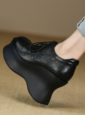 时尚黑色圆头厚底深口单鞋女秋季压花真皮系带防水台高跟鞋女10cm