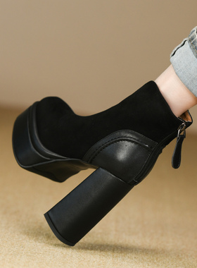 复古黑色靴子女秋冬新款拼接真皮粗跟短靴女防水台超高跟鞋女12cm