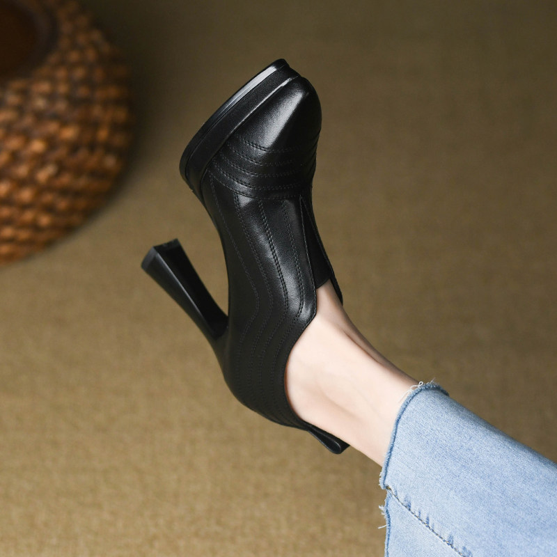 10cm尖头高跟鞋女2024春秋款黑色真皮缝线松紧v口深口单鞋女细跟,女鞋,深口单鞋,淘宝优惠券,粉丝福利购,淘宝优惠卷