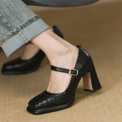 头层牛皮粗跟高跟复古浅口单鞋女