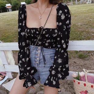 女装 雪纺小衫 胖mm法式 纯欲收腰显瘦短款 复古春夏方领灯笼袖 大码