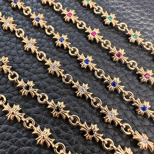 月亮斯坦22K金镶钻十字花手链925银镀金拼接手环轻奢百搭潮流链潮