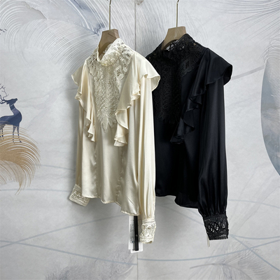 重工真丝衬衫女蕾丝拼接镂空