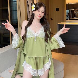 蕾丝纯欲家居服 带胸垫桑蚕丝吊带短裤 新款 性感真丝睡衣女三件套装