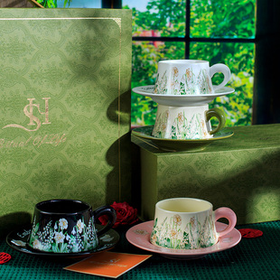 创意手工复古水彩画陶瓷咖啡杯碟套装高颜值马克杯花卉下午茶送礼