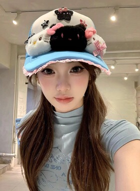 可爱kitty猫蓝色棒球帽女2025年春新款加大加深帽子大帽檐鸭舌帽
