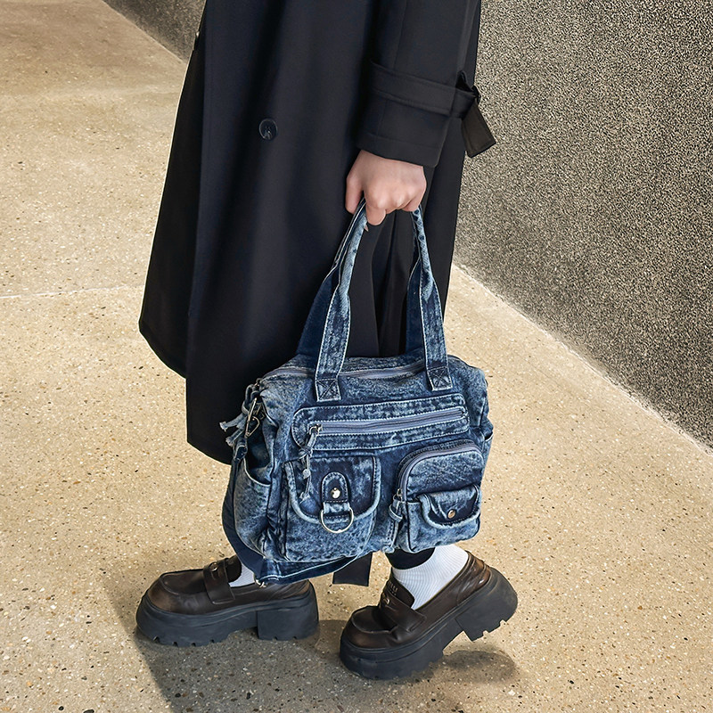 复古水洗牛仔单肩包女多口袋大容量手提包百搭托特包休闲斜挎包,箱包皮具/热销女包/男包,单肩包,淘宝优惠券,粉丝福利购,淘宝优惠卷
