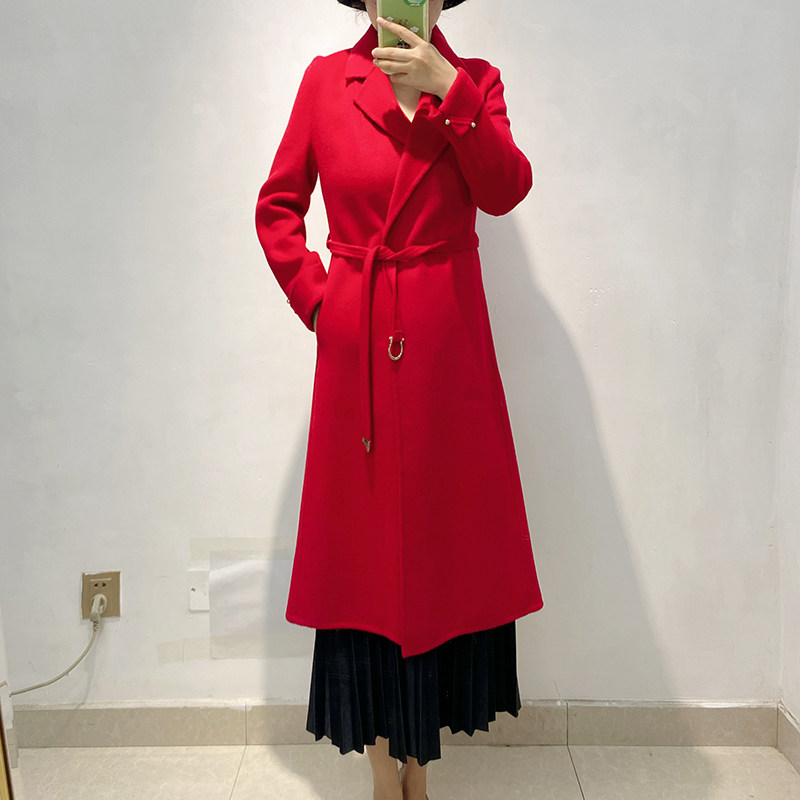 红色高端双面羊绒大衣女中长款系带修身羊毛呢子外套2025秋冬新款