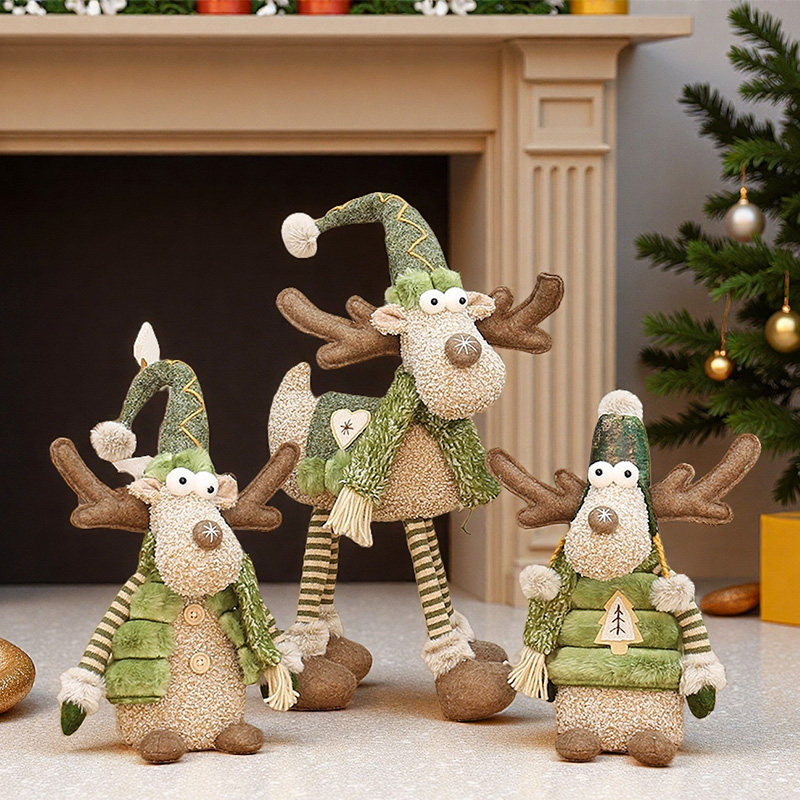 圣诞节装饰品绿色麋鹿可伸缩公仔坐姿鹿布艺玩偶呆萌四脚麋鹿摆件