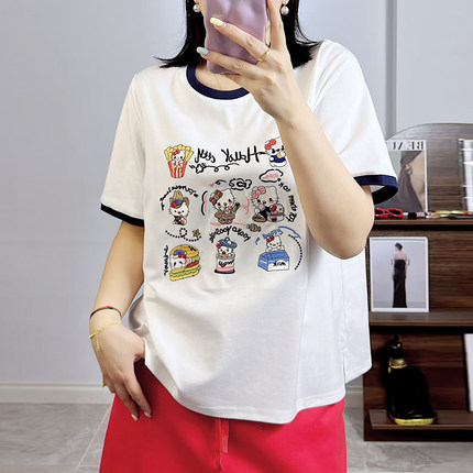 米莱奇2026夏季短袖圆领T恤女休闲大码女装重工刺绣百搭上衣6651