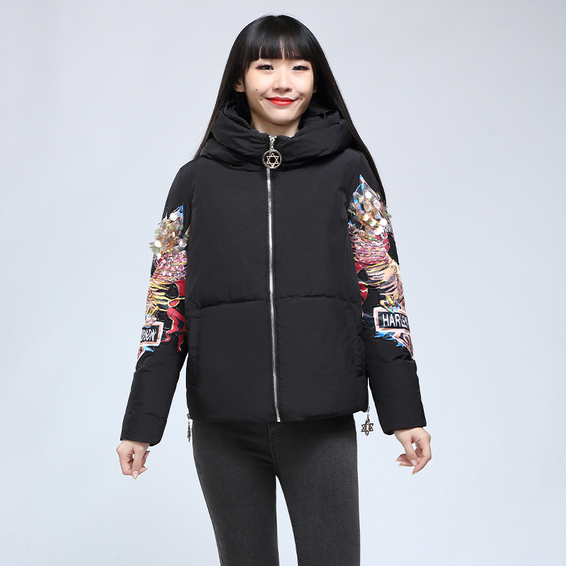 金影奇冬季新款羽绒服女休闲大码女装亮片绣花羽绒衣韩版短款显瘦