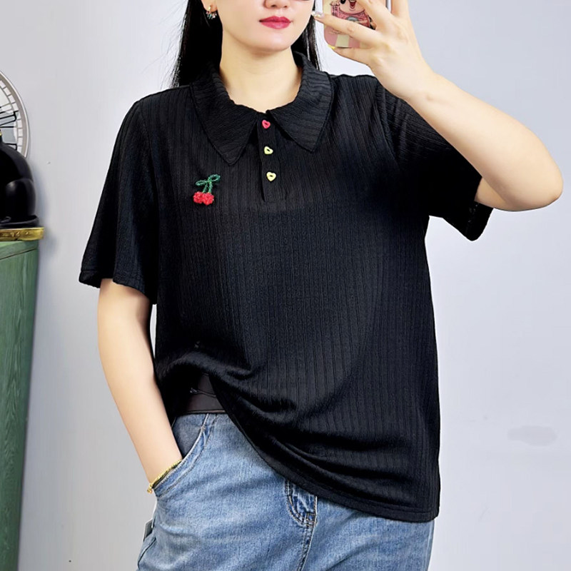 米莱奇2025夏季新款短袖POLO衫女t恤胖mm大码彩扣针织衫上衣5635