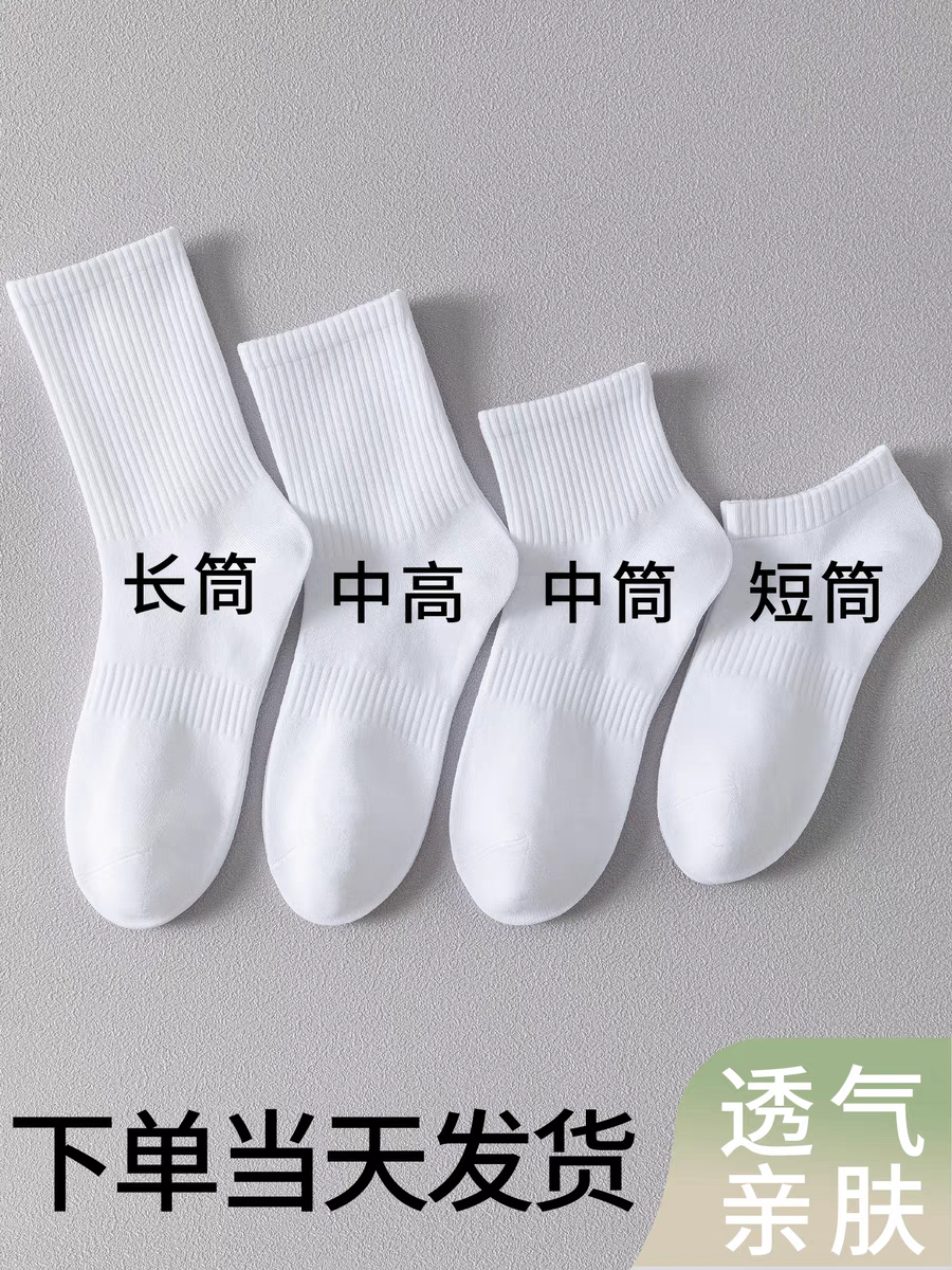 白色中筒纯棉四季运动袜男女百搭