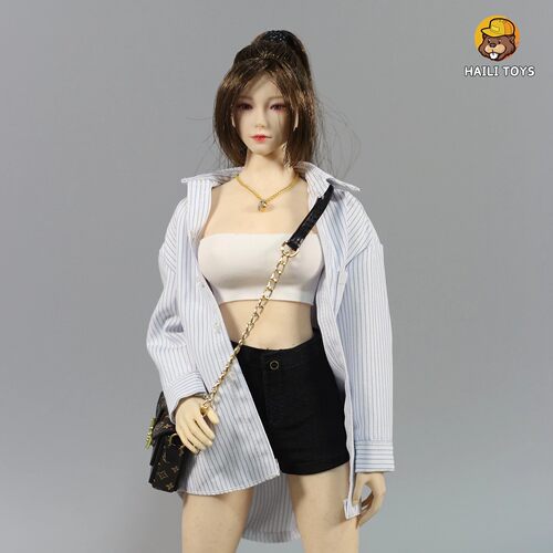 现货HAILI TOYS 1/6女兵人衣服人偶服装 男友风条纹开衫女团热裤