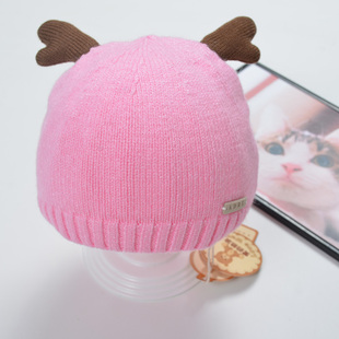 爱的热浪新款宝宝帽子婴儿毛线麋鹿儿童套头帽秋冬柔软新生儿胎帽