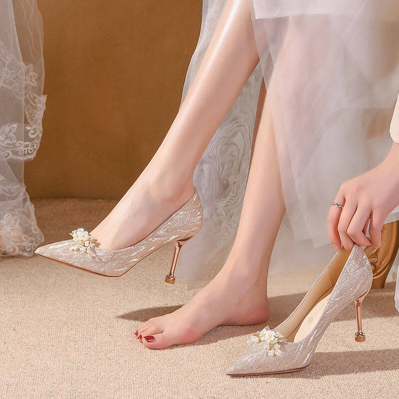 爱丽拉（AiLiLa）婚鞋女婚纱秀禾两穿新娘鞋2022新款法式水晶高跟