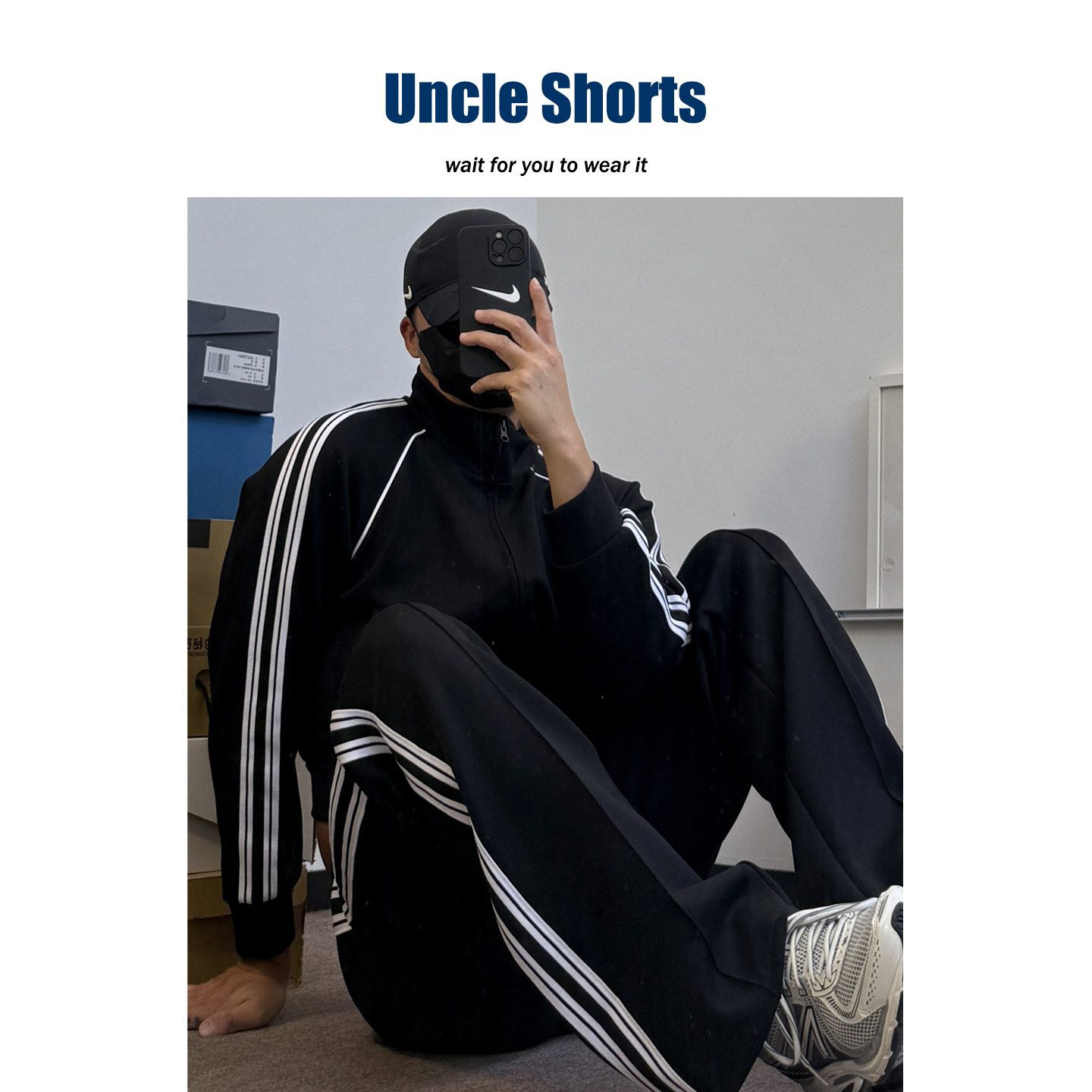 Uncle Shorts【千禧运动风】插肩袖超短款外套男士直筒裤条纹套装,男装,休闲运动套装,淘宝优惠券,粉丝福利购,淘宝优惠卷