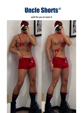 Uncle Shorts性感圣诞节内衣套装男士内裤蝴蝶结红色平角裤五件套