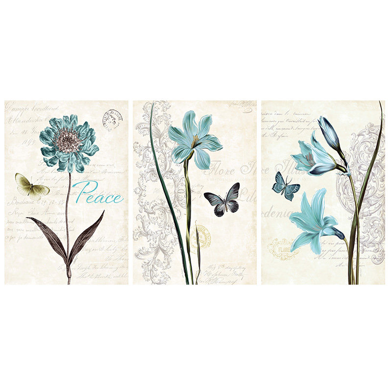 美式现代装饰画心蓝色植物花卉三联客厅卧室餐厅挂画无框画油画布