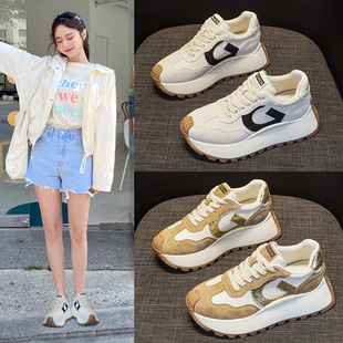 真皮内增高老爹鞋女春夏新款轻便百搭小白鞋厚底运动鞋休闲阿甘鞋