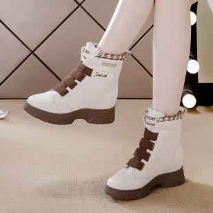 厚底内增高马丁靴 休闲魔术贴弹力袜子鞋 真皮高帮爆款 短靴女秋冬款
