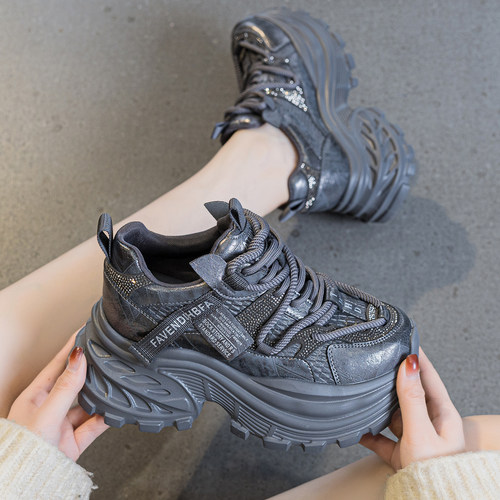 8cm水钻厚底老爹鞋黑色松糕鞋潮