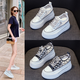 真皮蕾丝网纱透气内增高小白鞋女夏季新款松糕厚底运动鞋休闲网鞋