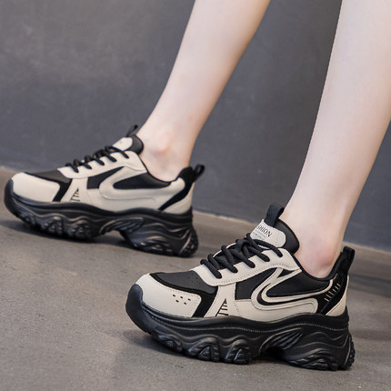 真皮爆款老爹鞋女增高7cm秋冬新款百搭轻便松糕鞋厚底运动休闲鞋