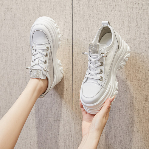 真皮内增高老爹鞋网面透气小白鞋