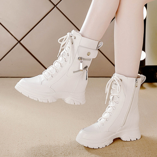 真皮内增高爆款马丁靴女秋冬新款拉链中筒靴加绒保暖棉鞋厚底短靴