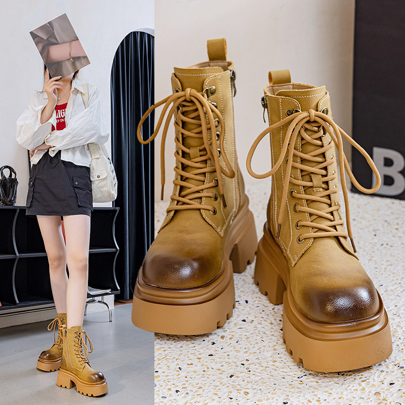 真皮厚底马丁靴女鞋2025秋新款