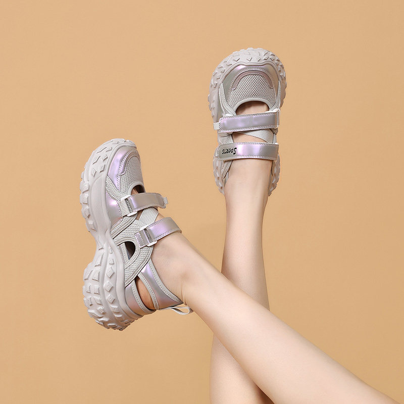 镂空透气厚底运动凉鞋女夏季新款8cm魔术贴轻便休闲内增高老爹鞋