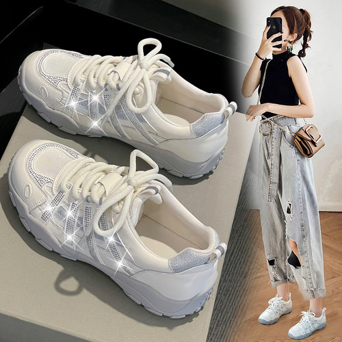 真皮水钻内增高老爹鞋女鞋秋新款