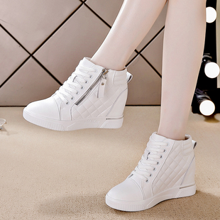 厚底运动休闲小白鞋 7cm秋侧拉链坡跟高帮单鞋 内增高女鞋 真皮爆款