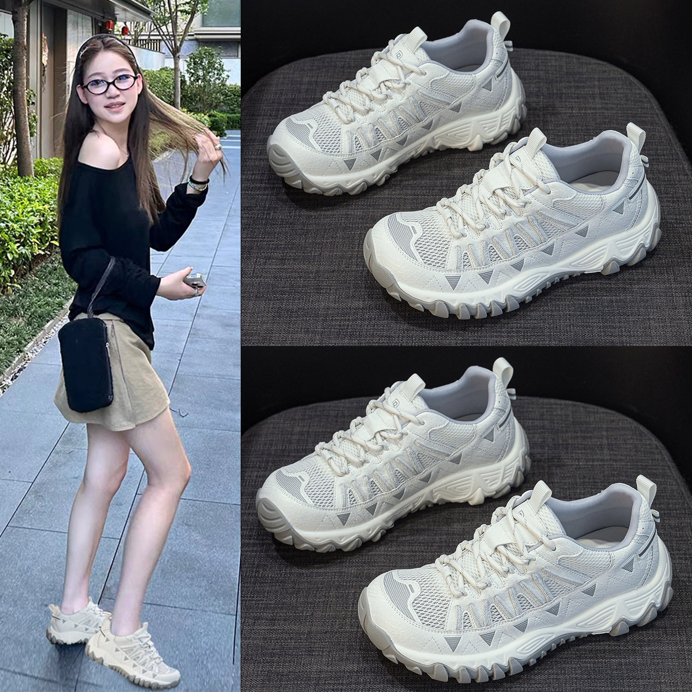真皮厚底超火老爹鞋女春夏轻便运动休闲小白鞋防滑网面透气登山鞋