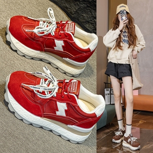华夫阿甘鞋 运动休闲老爹鞋 女秋季 增高6cm德训鞋 新款 真皮厚底爆款