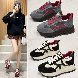 真皮内增高炸街华夫阿甘鞋 女7cm春秋轻便厚底运动休闲德训老爹鞋