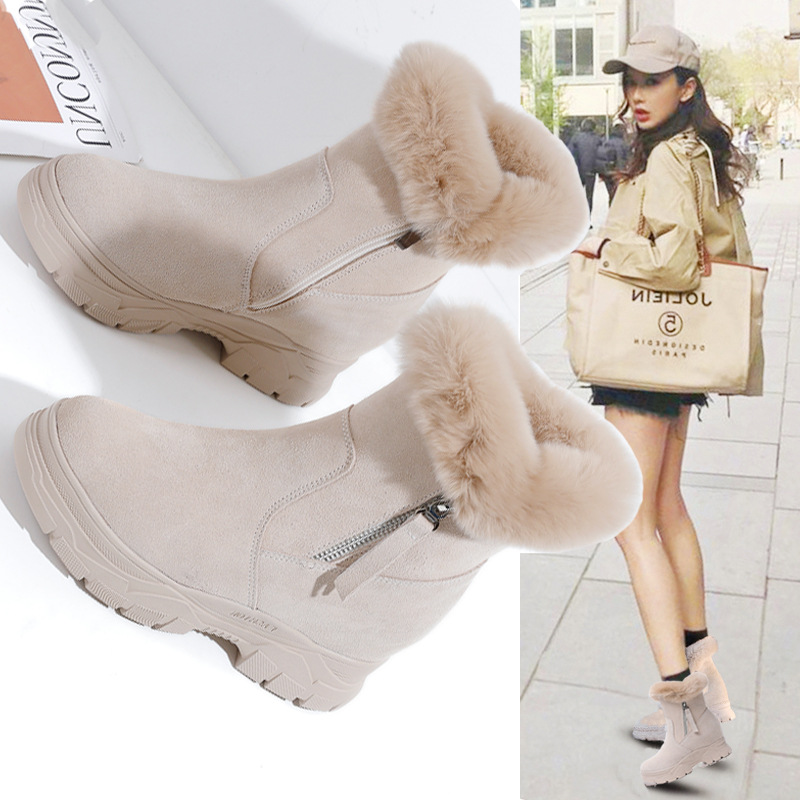 兔毛内增高雪地靴加绒厚底短靴