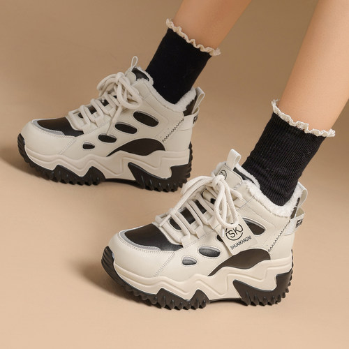 真皮加绒内增高老爹鞋女2025冬超火百搭厚底保暖7cm运动休闲棉鞋