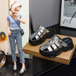 镂空洞洞松糕凉鞋 新款 厚底外穿凉拖 女增高7cm夏季 真皮包头半拖鞋