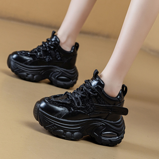 女鞋 运动鞋 水钻松糕厚底老爹鞋 爆款 9cm百搭时尚 黑色内增高休闲鞋