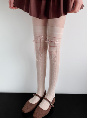法式镂空蕾丝蝴蝶结绑带白色过膝袜女春秋芭蕾风藕粉色大腿长筒袜